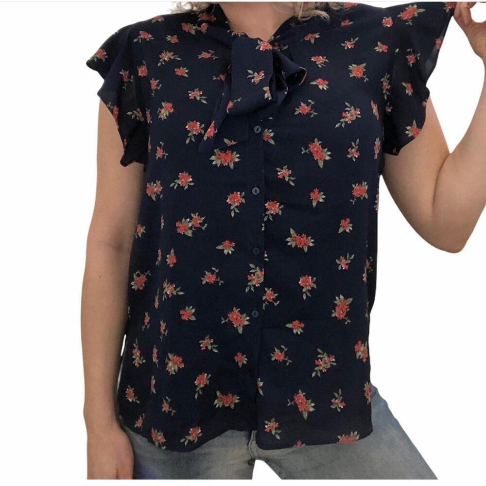 NWT Zara XS Navy Sheer Retro Coquette Neck Tie BOW Ruffle Cottagecore Blouse Top